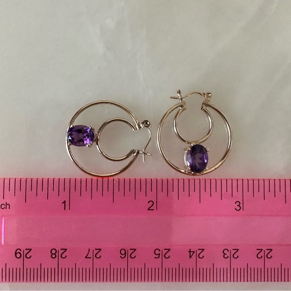 14k Solid Gold Amethyst Double Hoop  Earrings - Picture 16 of 16